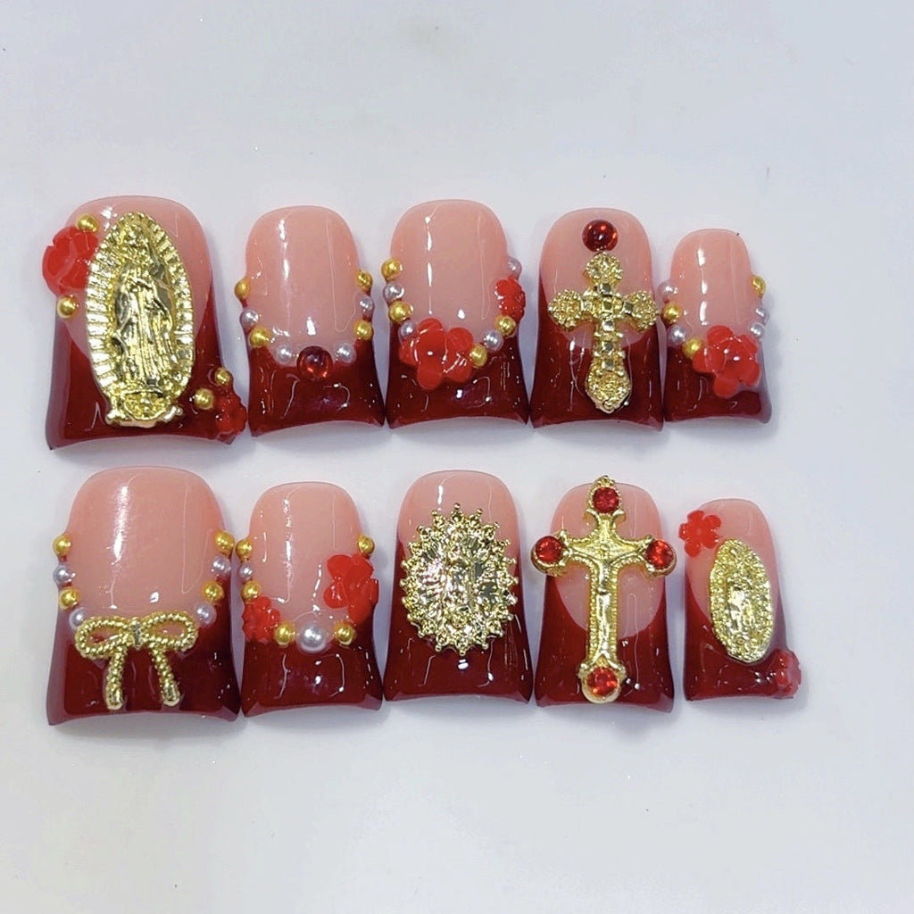 Sacred Grace: "Divine Crimson" – Short Square Press-On Nails – Image 4