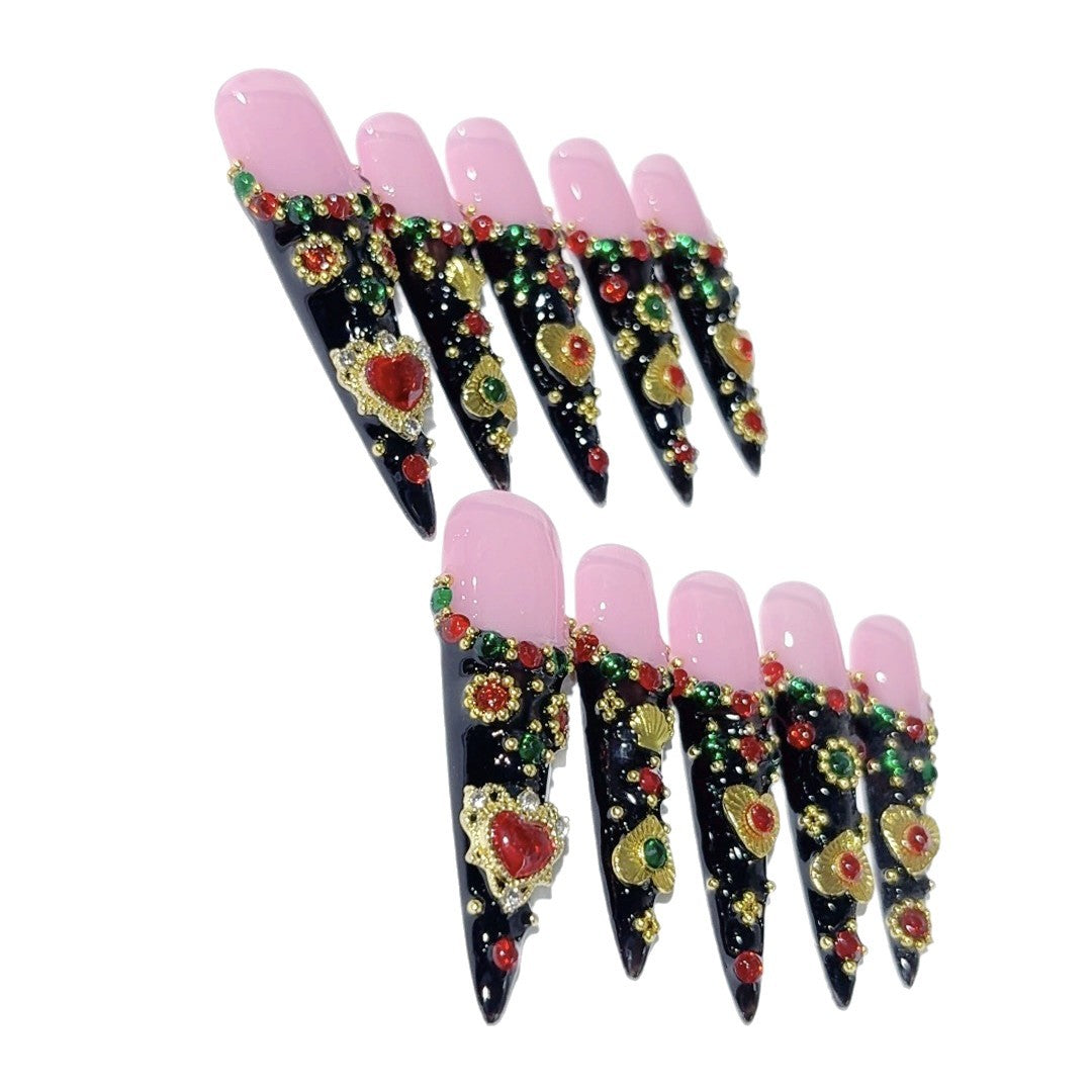 Pink Black Baroque Jewel Statement Press On Nails – Image 5