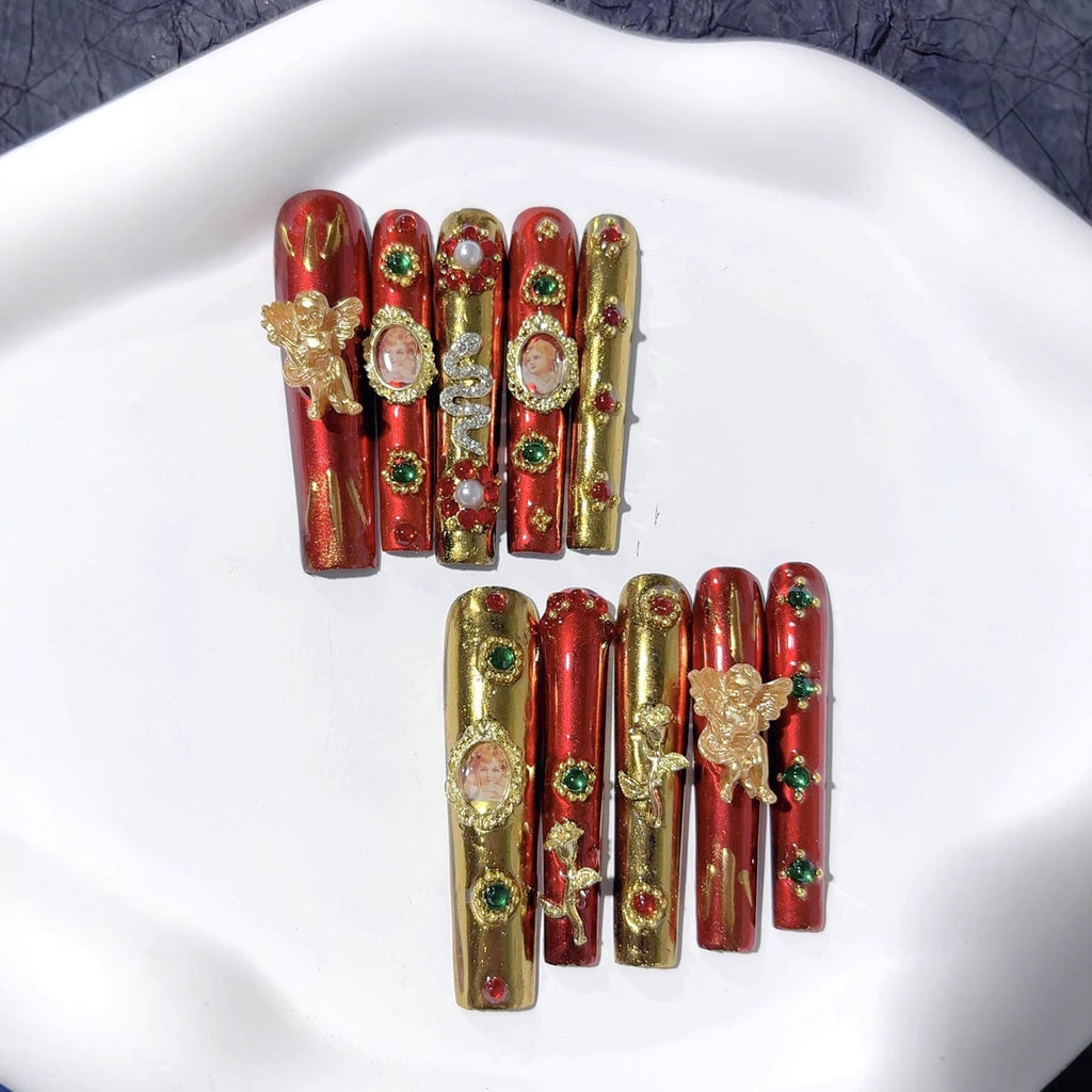 Luxury Red Gold Extra Long Coffin Press On Nails – Image 3
