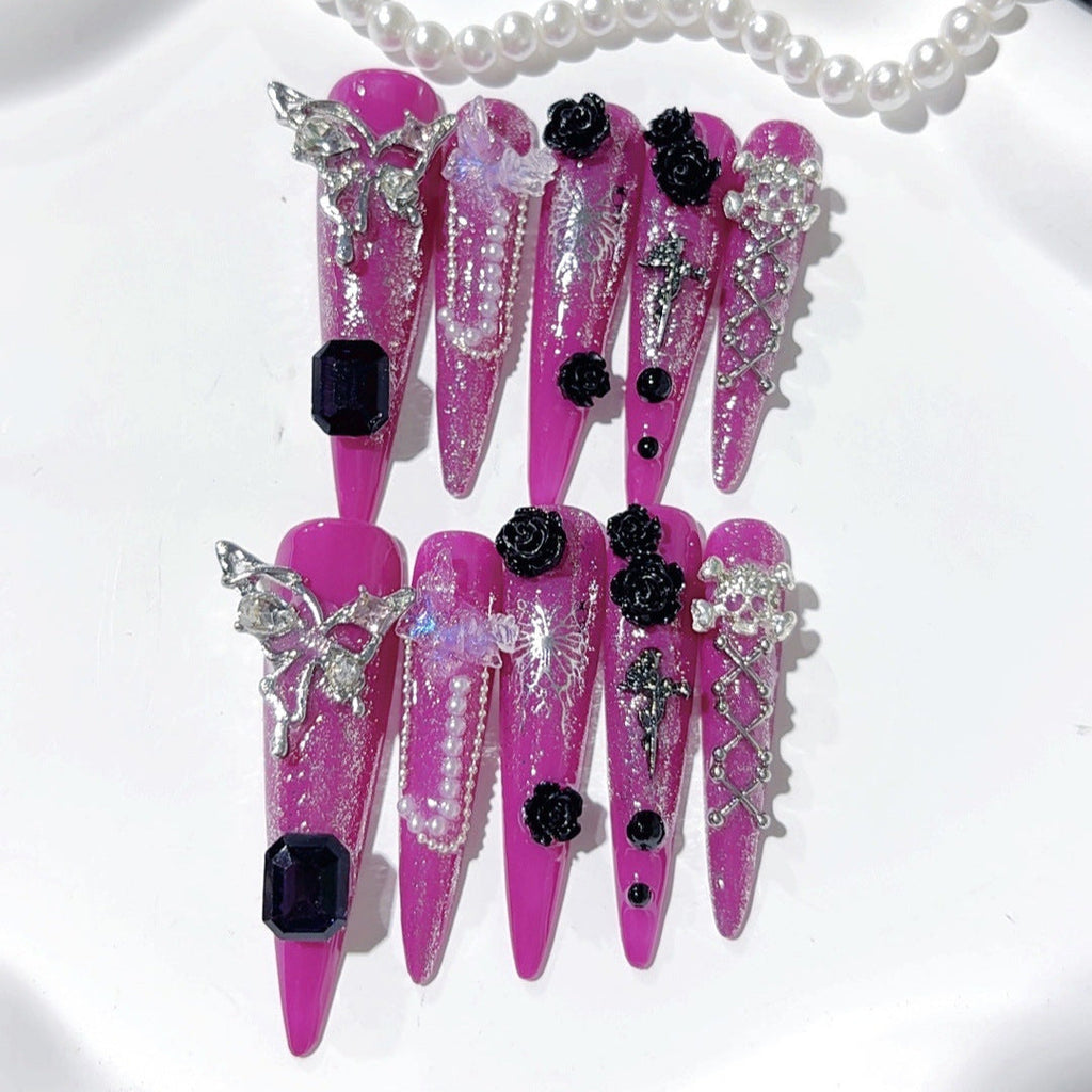 Purple Gothic Rose Crystal Statement Press On Nails – Image 3