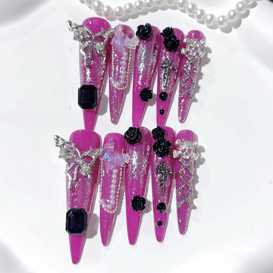 Purple Gothic Rose Crystal Statement Press On Nails – Image 3