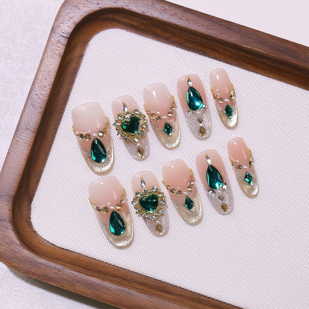 Emerald Empress by Gattina, luxury hand-crafted press-on nails