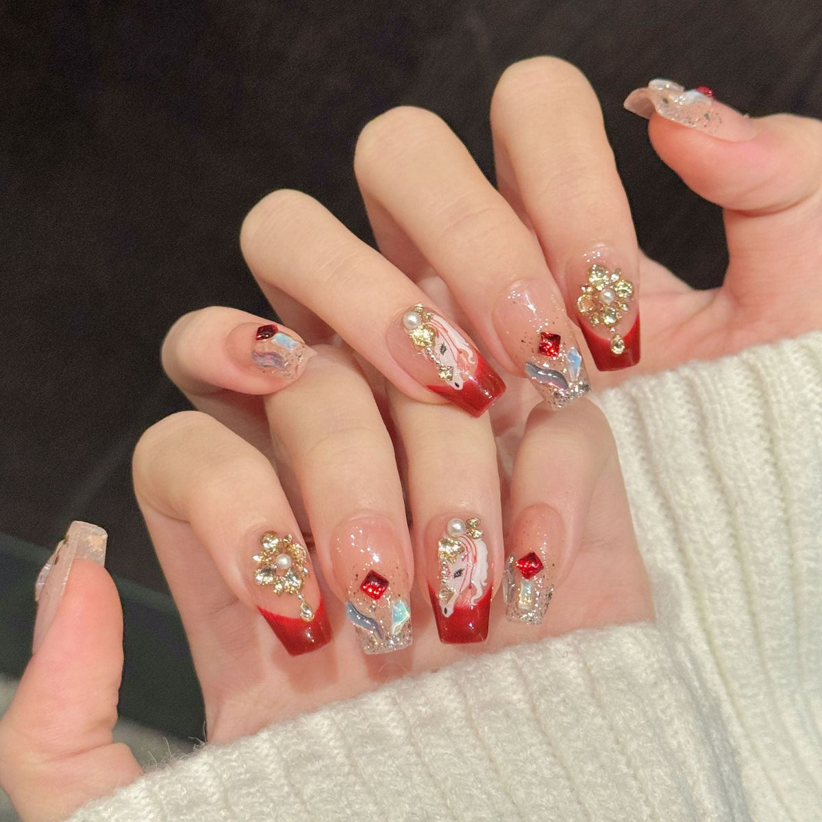Lunar New Year Collection: "Crimson Fortune" – Long Stiletto/Long Oval Press-On Nails – Image 6