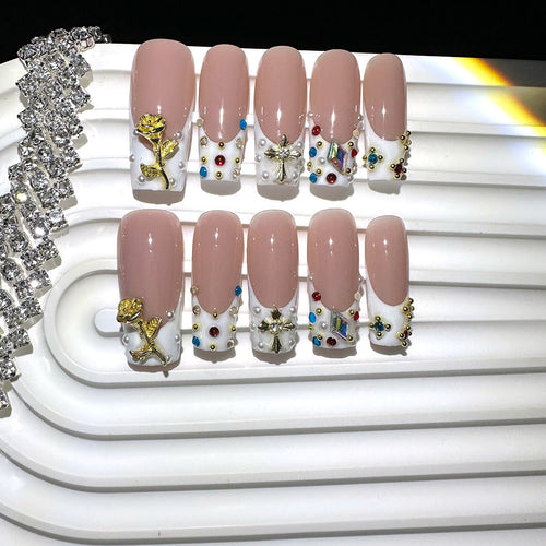 Gemstone Couture Collection: "Jewel Encrusted Nude" – Medium Almond Press-On Nails – Image 2