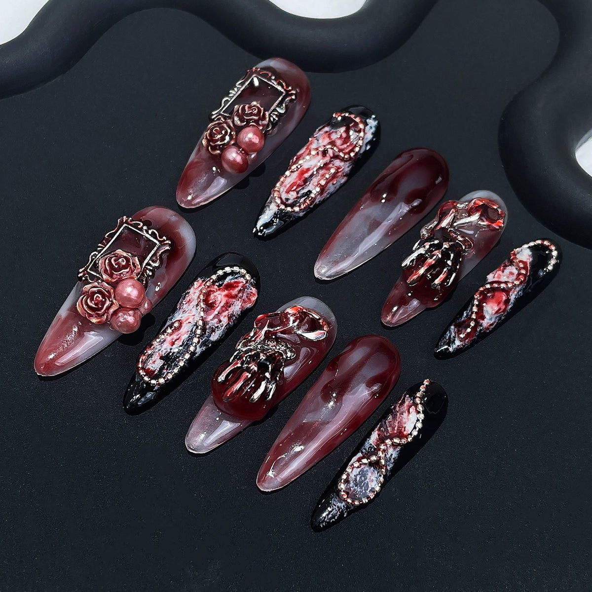 Blood Rose by Gattina, luxury hand-crafted press-on nails