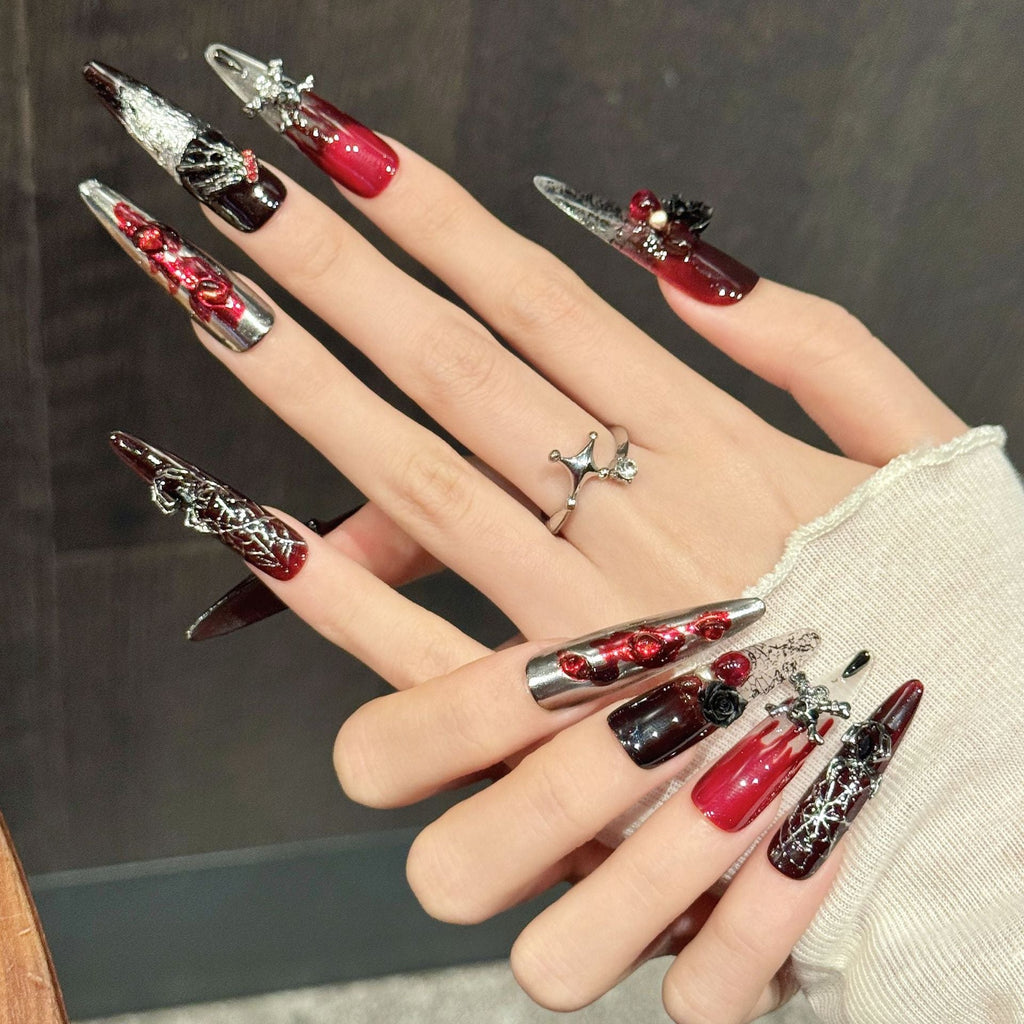 Widow's Rose by Gattina, luxury hand-crafted press-on nails