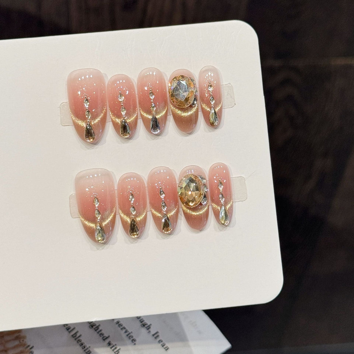 Elegant Pink Gradient Crystal Droplet Press On Nails – Image 2