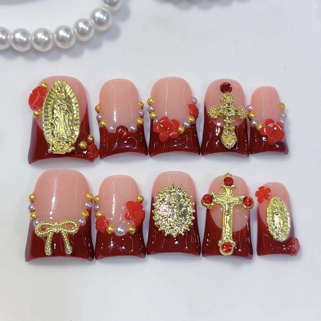 Sacred Grace: "Divine Crimson" – Short Square Press-On Nails – Image 2