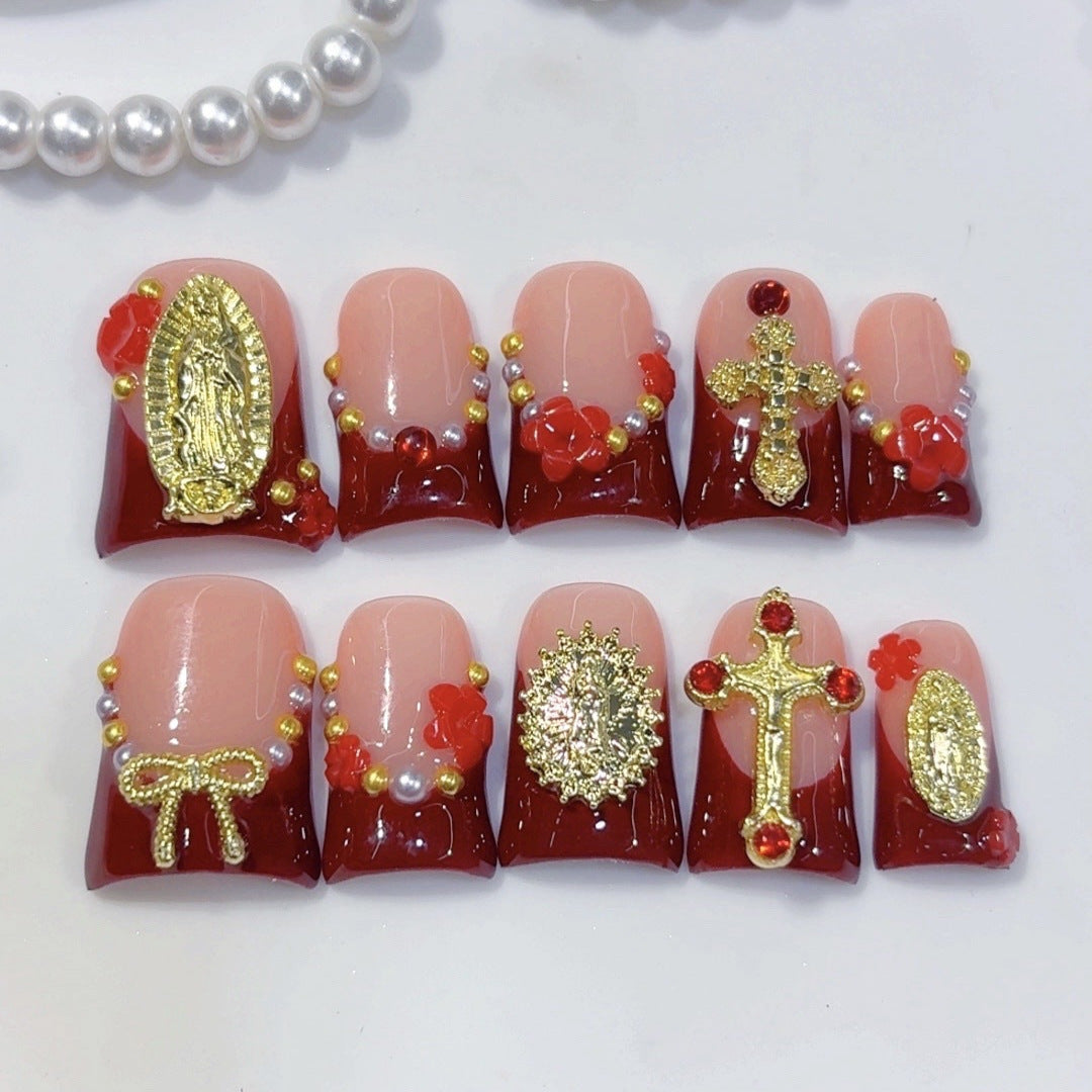 Sacred Grace: "Divine Crimson" – Short Square Press-On Nails – Image 2