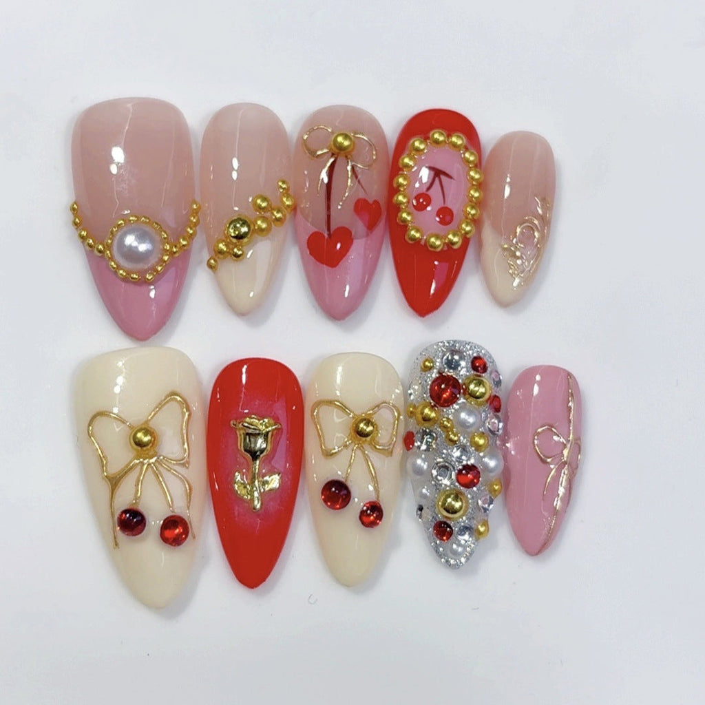 Cherry Rose Gala: "Festive Bow & Bloom" – Almond Press-On Nails – Image 4