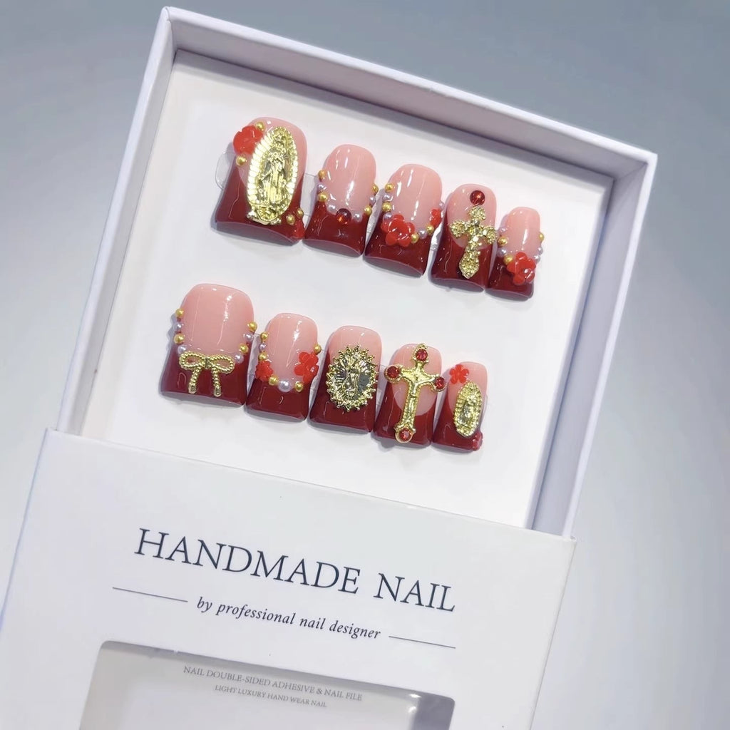 Sacred Grace: "Divine Crimson" – Short Square Press-On Nails – Image 3