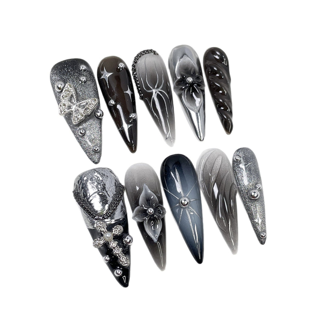 Silver Butterfly by Gattina, luxury hand-crafted press-on nails