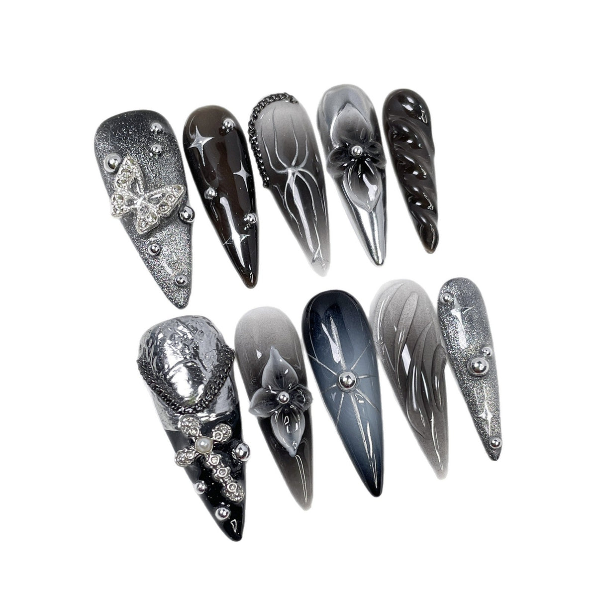 Silver Butterfly by Gattina, luxury hand-crafted press-on nails