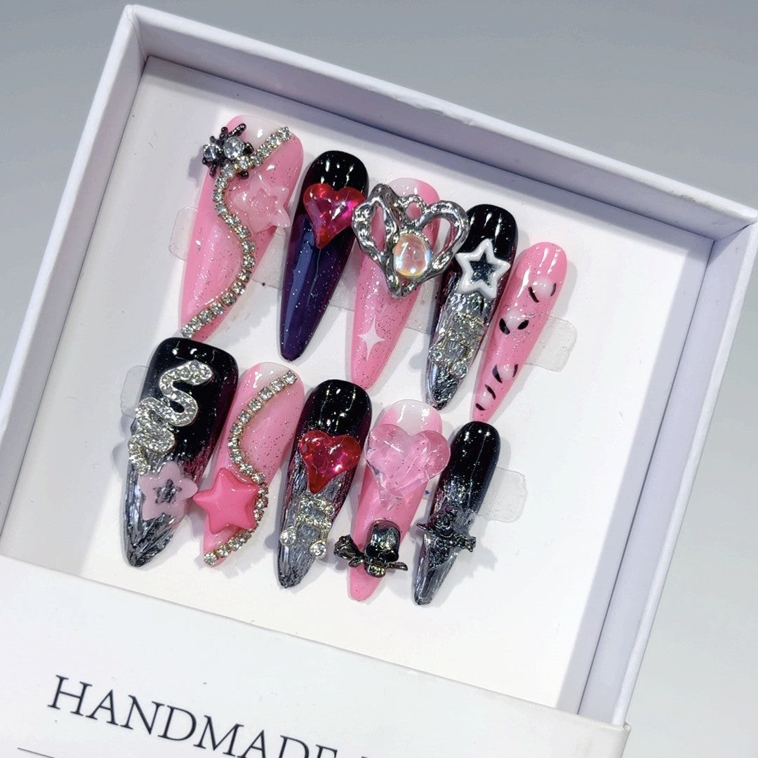 Pink Black Gothic Heart Crystal Statement Press On Nails – Image 2
