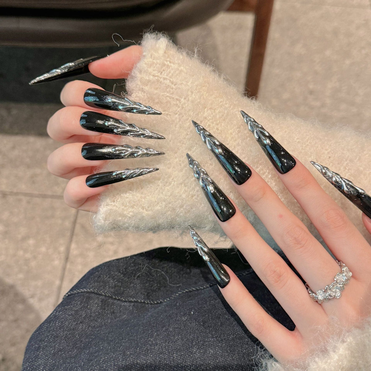 Obsidian Flame by Gattina, luxury hand-crafted press-on nails
