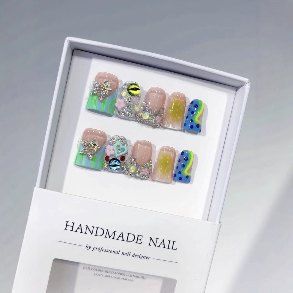 Y2K Ocean Dream: "Neon Tide" – Almond Press-On Nails – Image 3
