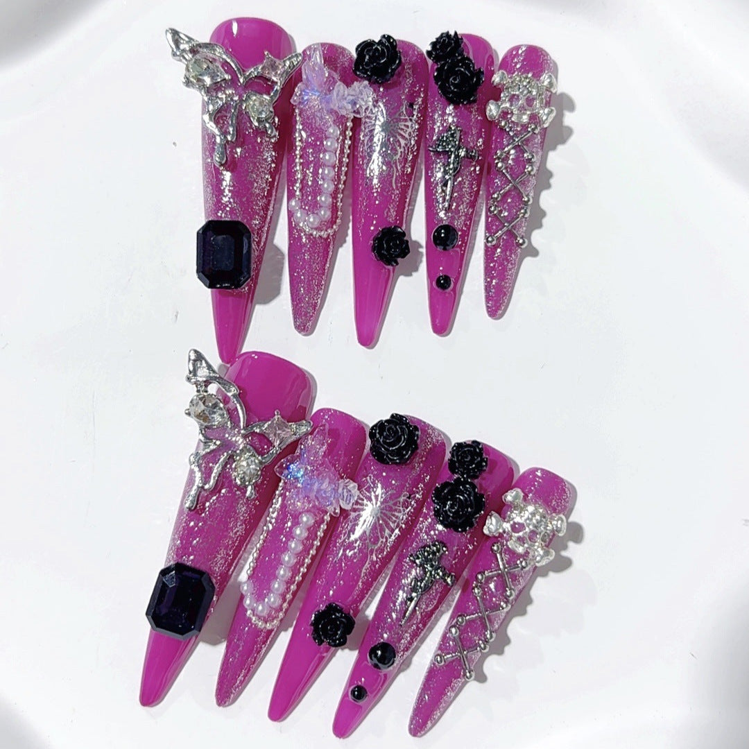 Purple Gothic Rose Crystal Statement Press On Nails – Image 4