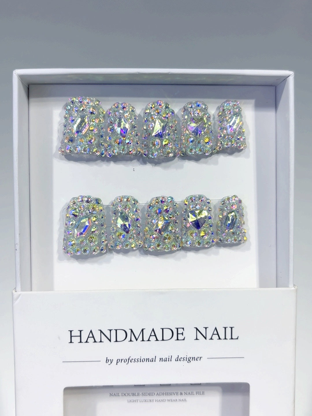 Diamond Dazzle: "Aurora Crystal" – Short Square Handmade Press On Nails – Image 6