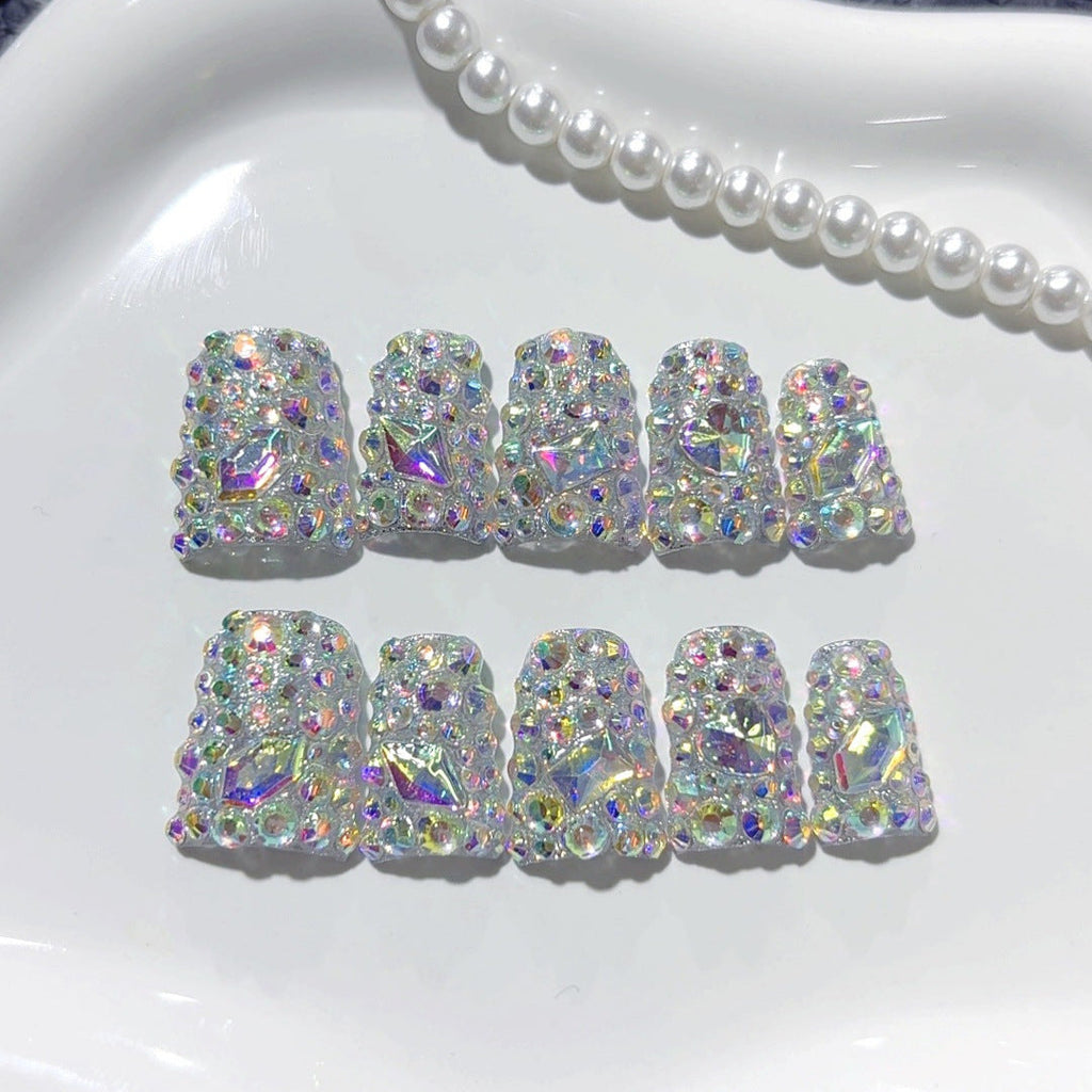 Diamond Dazzle: "Aurora Crystal" – Short Square Handmade Press On Nails – Image 3