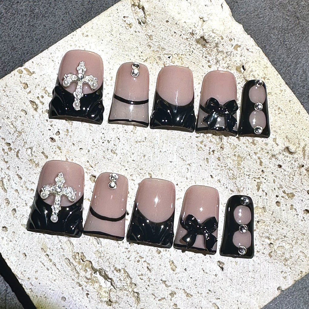 Nude Black French Nails with Cross and Bow Details – Image 4