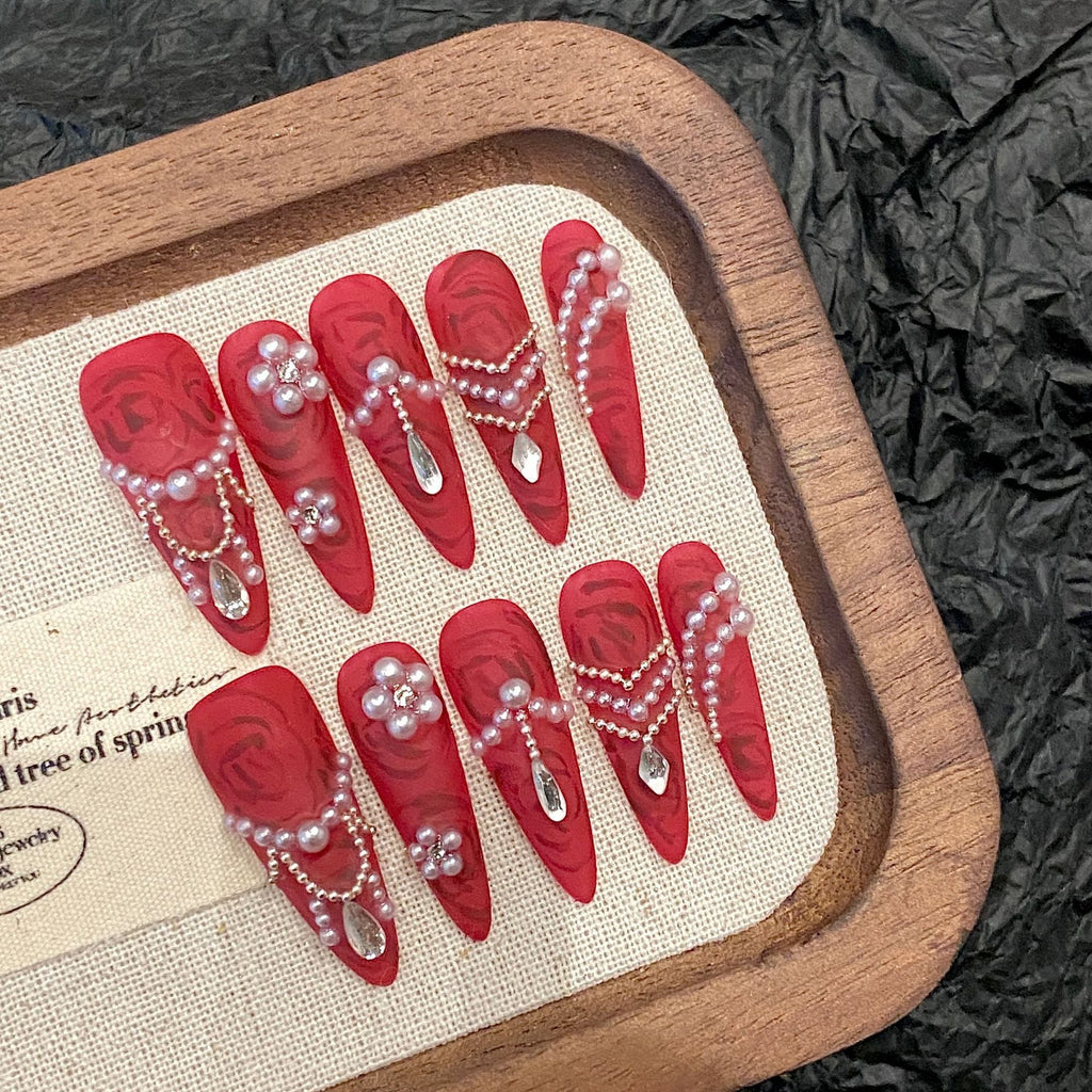 Scarlet Velvet by Gattina, luxury hand-crafted press-on nails