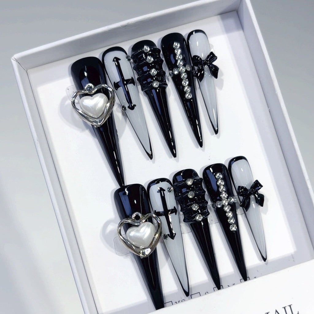 Heart & Cross by Gattina, luxury hand-crafted press-on nails