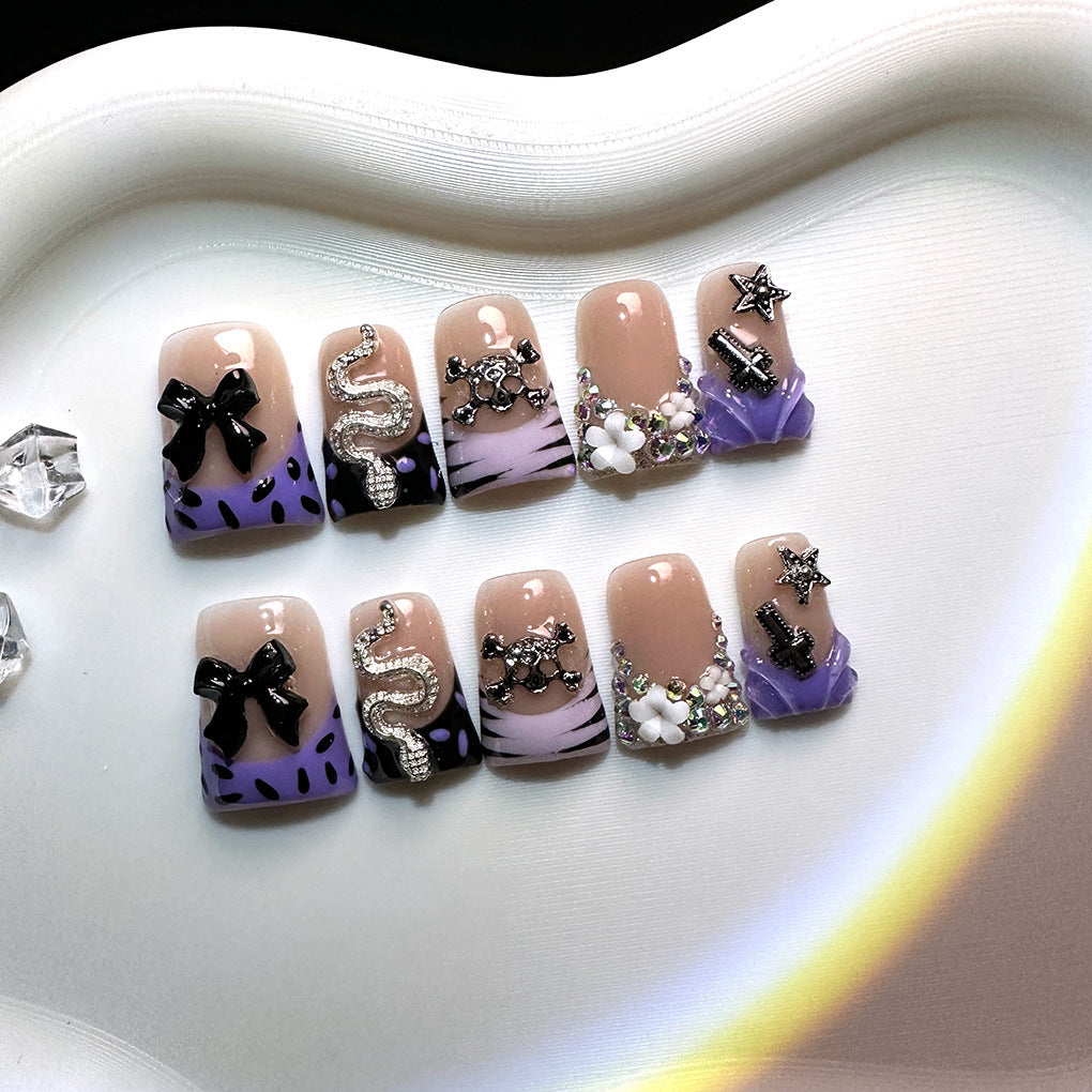 Y2K Royal Collection: "Lavender Bow Bling" – Short Square Press-On Nails – Image 2