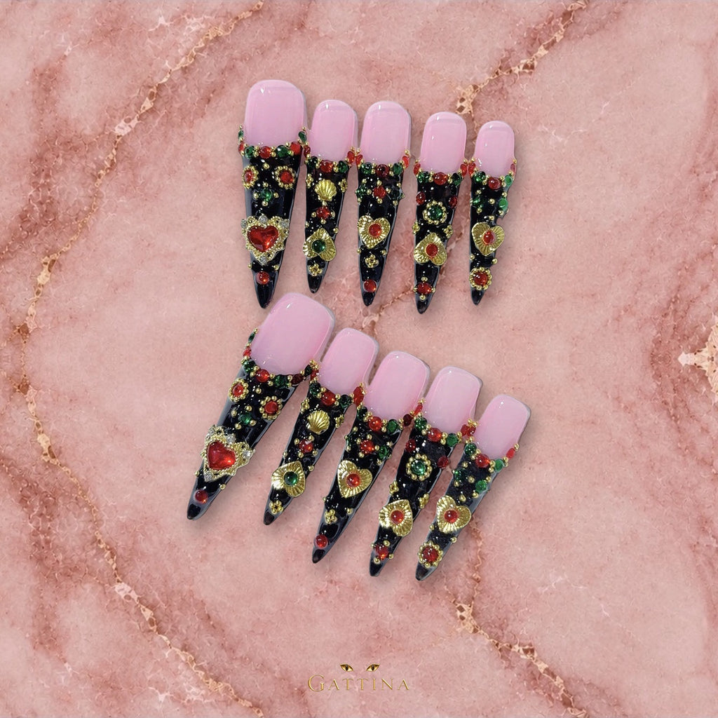 Baroque Noir by Gattina, luxury hand-crafted press-on nails