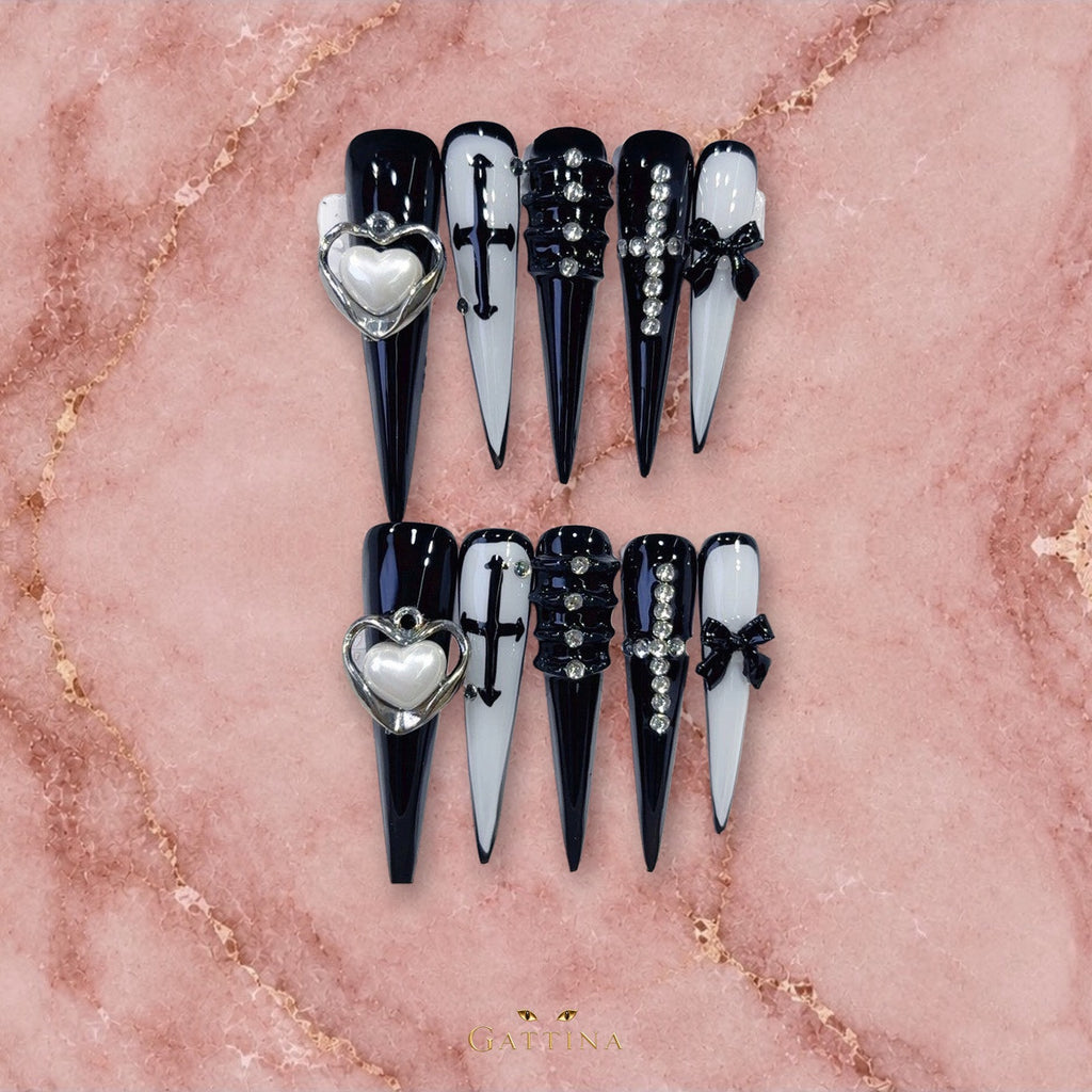 Heart & Cross by Gattina, luxury hand-crafted press-on nails