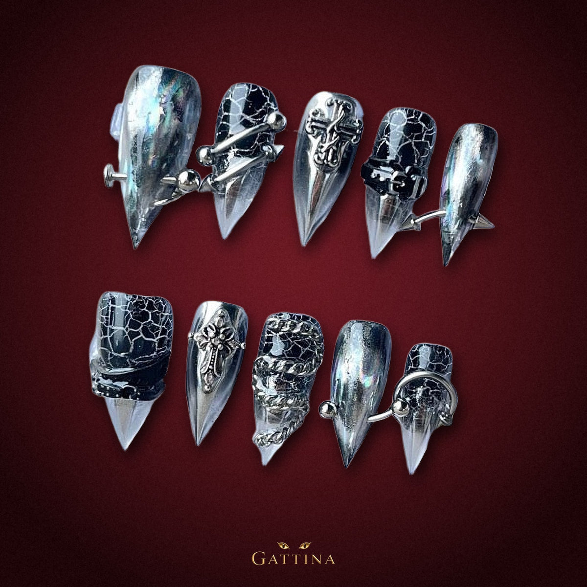 Chrome Serpent Armor by Gattina, luxury hand-crafted press-on nails