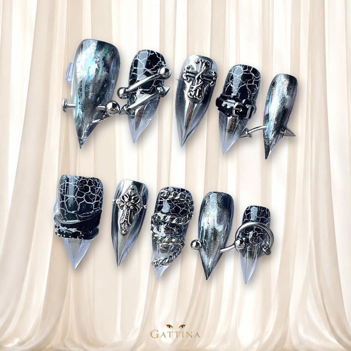 Chrome Serpent Armor by Gattina, luxury hand-crafted press-on nails
