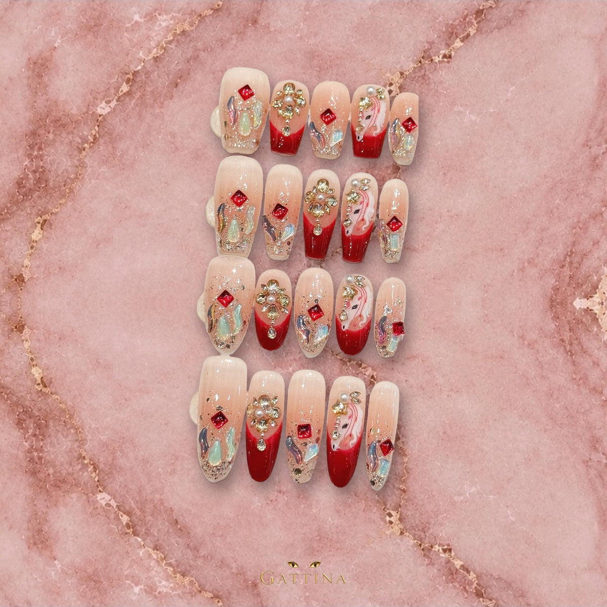 Crimson Fortune by Gattina, luxury hand-crafted press-on nails