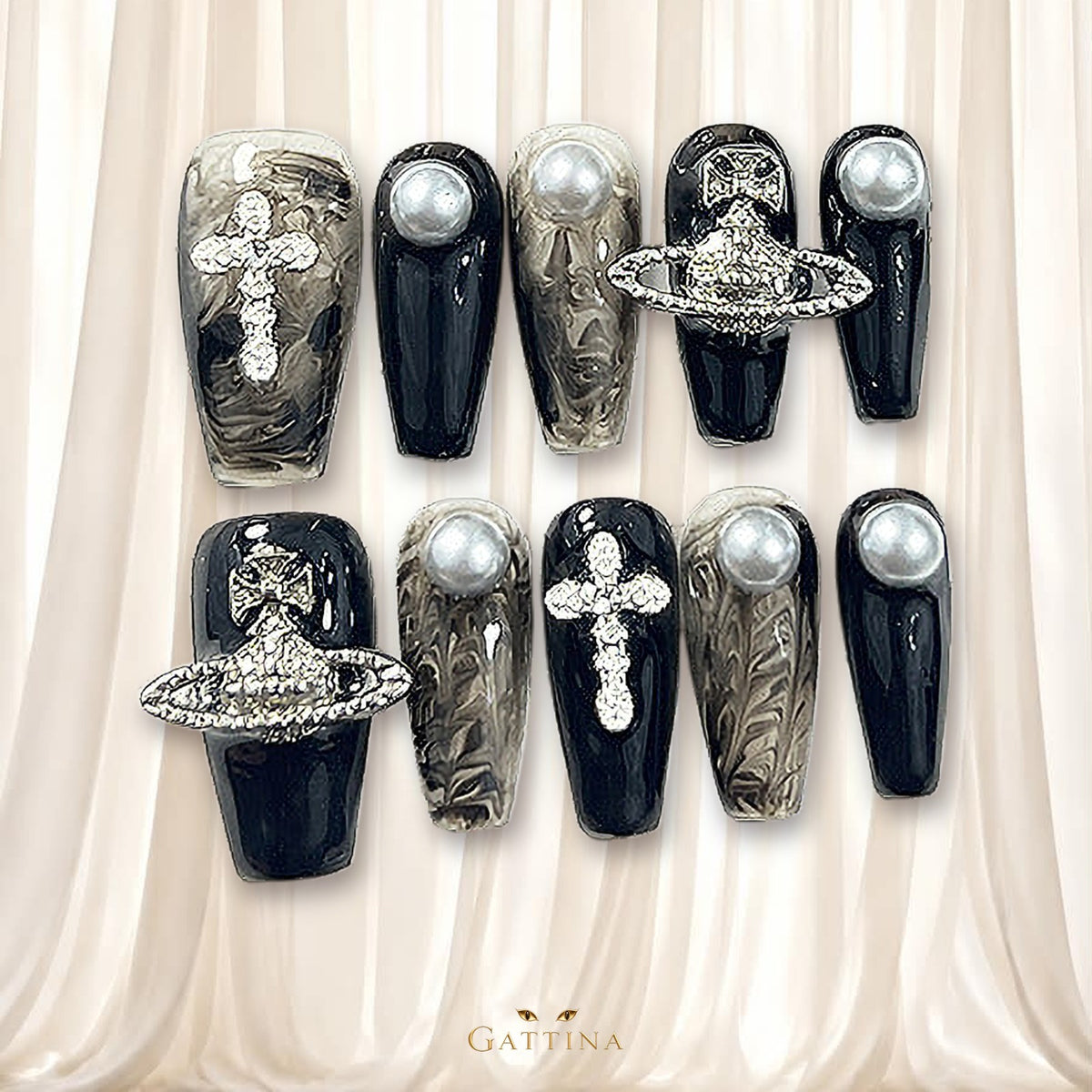 Dark Orbit by Gattina, luxury hand-crafted press-on nails