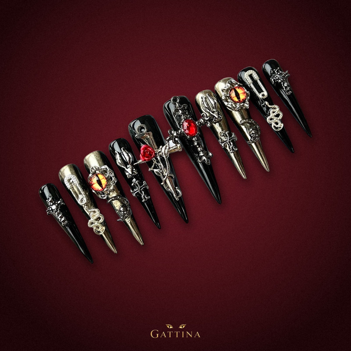 Gothic Blood Romance by Gattina, luxury hand-crafted press-on nails