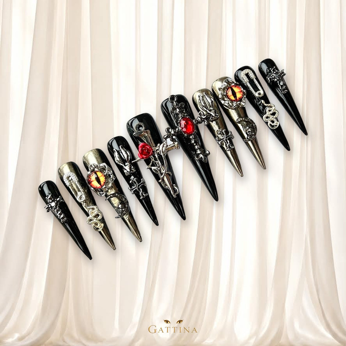 Gothic Blood Romance by Gattina, luxury hand-crafted press-on nails