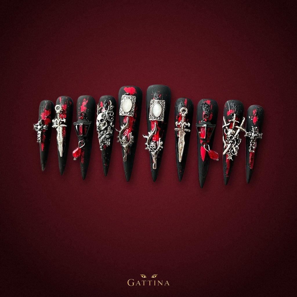 Gothic Night Bloom by Gattina, luxury hand-crafted press-on nails