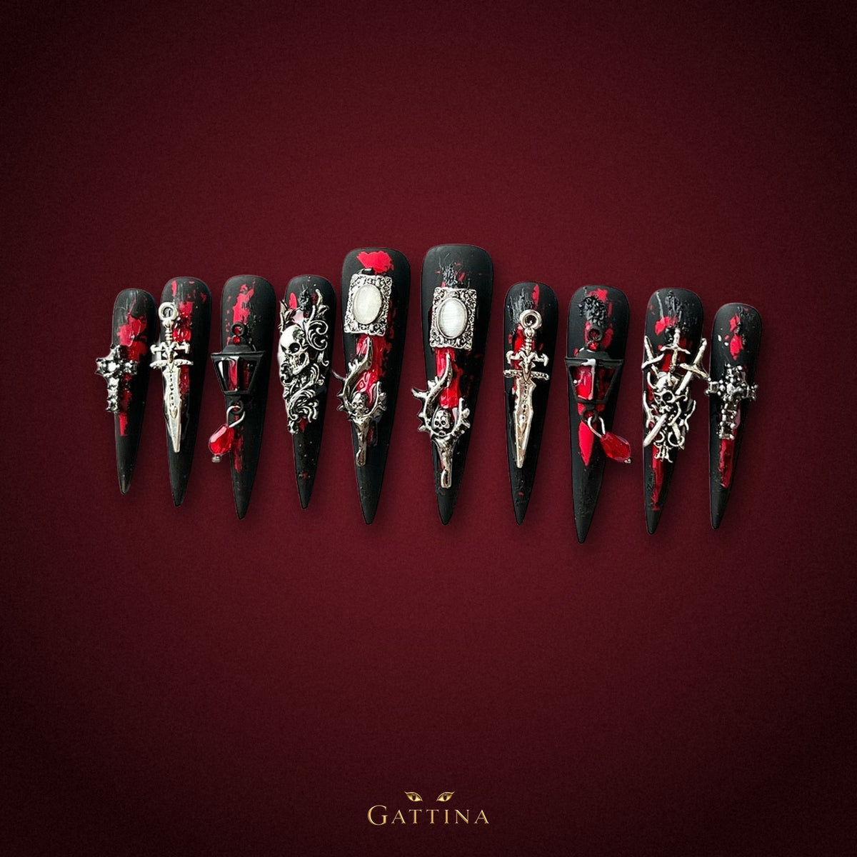 Gothic Night Bloom by Gattina, luxury hand-crafted press-on nails
