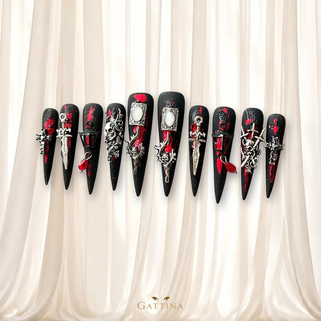 Gothic Night Bloom by Gattina, luxury hand-crafted press-on nails