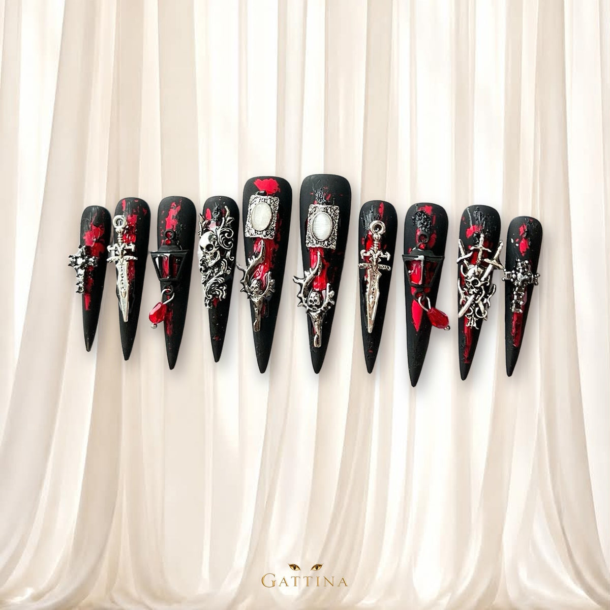 Gothic Night Bloom by Gattina, luxury hand-crafted press-on nails