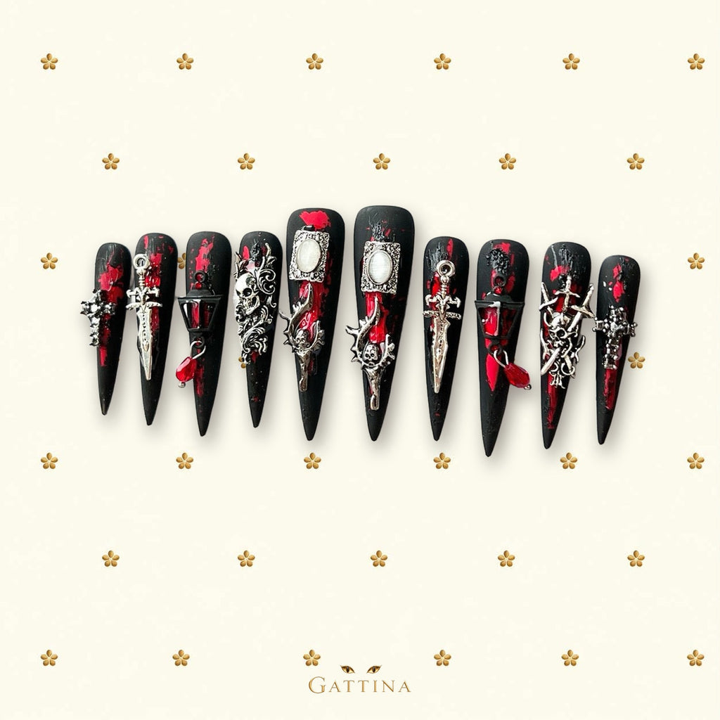 Gothic Night Bloom by Gattina, luxury hand-crafted press-on nails