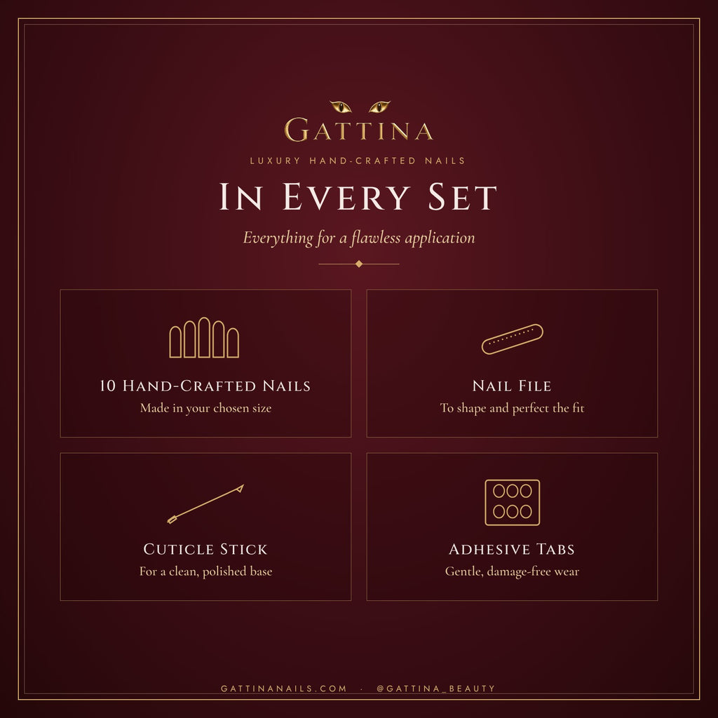 In every Gattina set: nails, file, cuticle stick and adhesive tabs