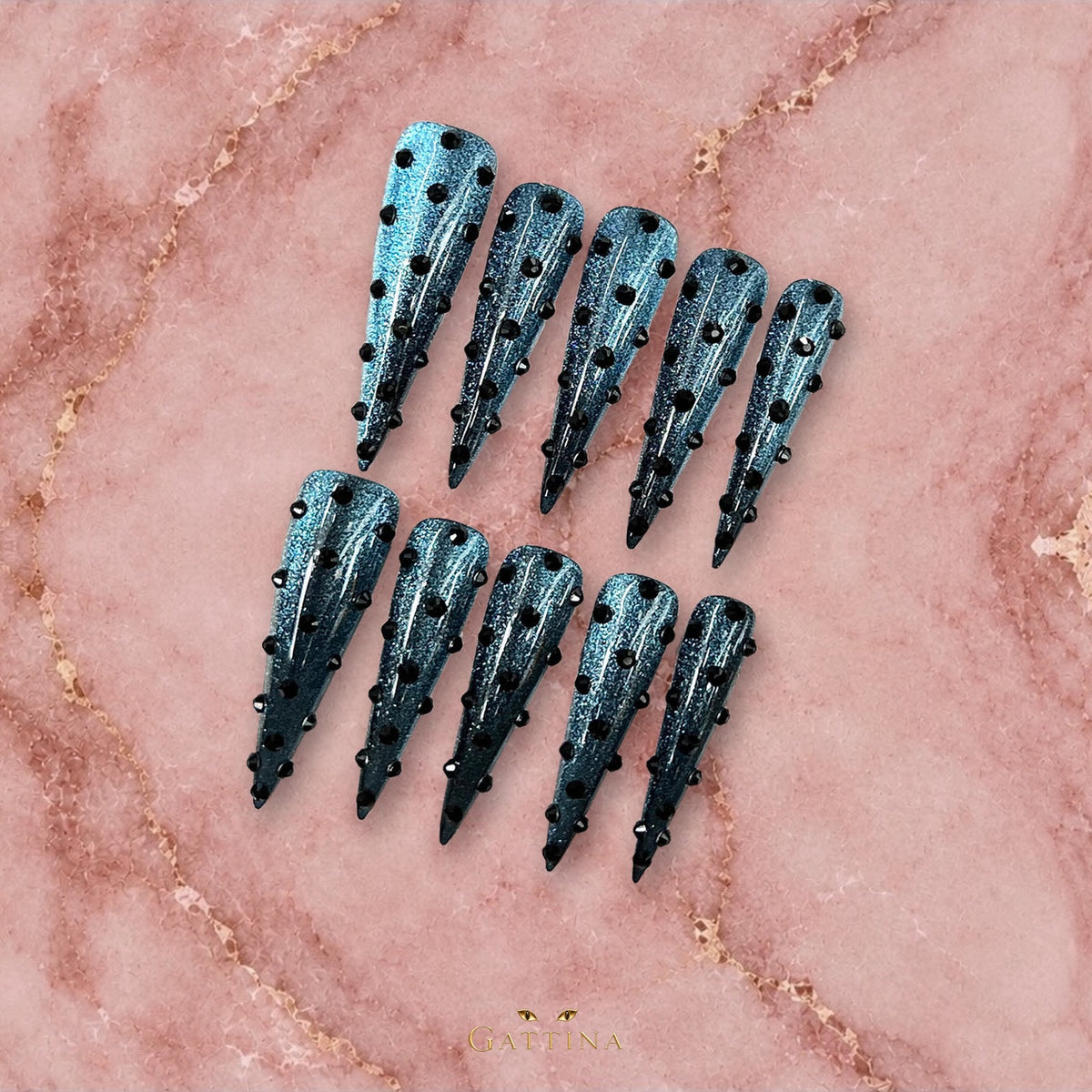 Midnight Teal by Gattina, luxury hand-crafted press-on nails