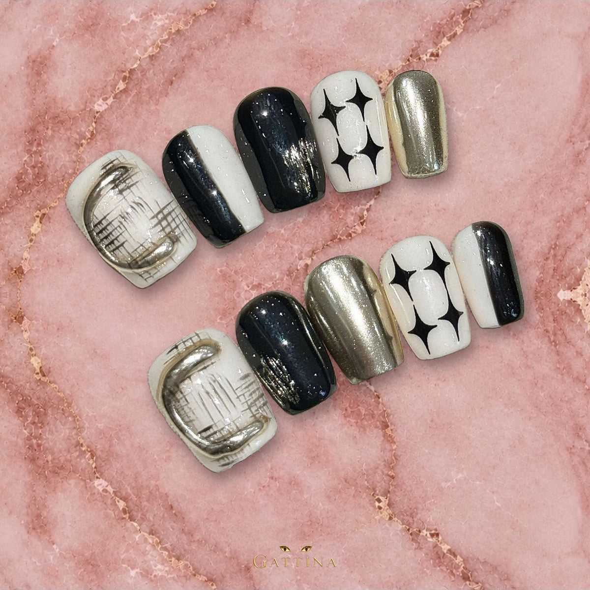 Noir Checkmate by Gattina, luxury hand-crafted press-on nails
