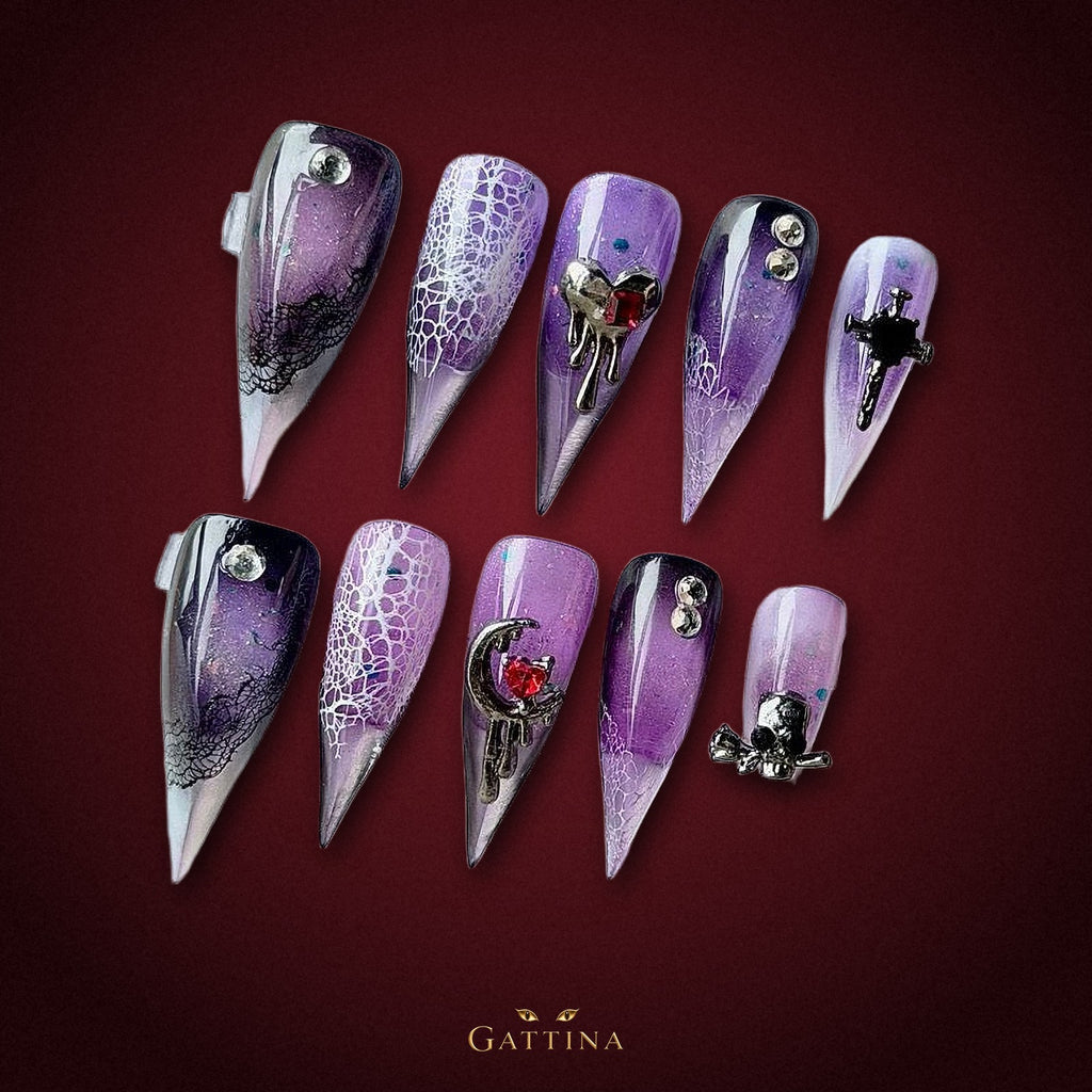 Purple Lace Moon by Gattina, luxury hand-crafted press-on nails
