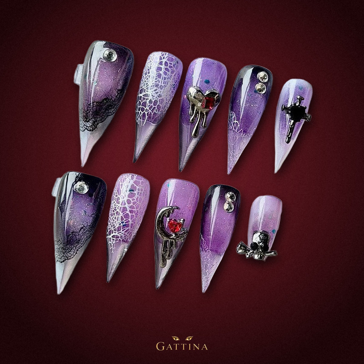 Purple Lace Moon by Gattina, luxury hand-crafted press-on nails