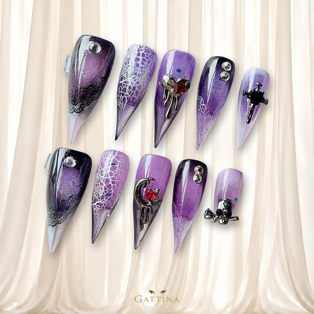 Purple Lace Moon by Gattina, luxury hand-crafted press-on nails
