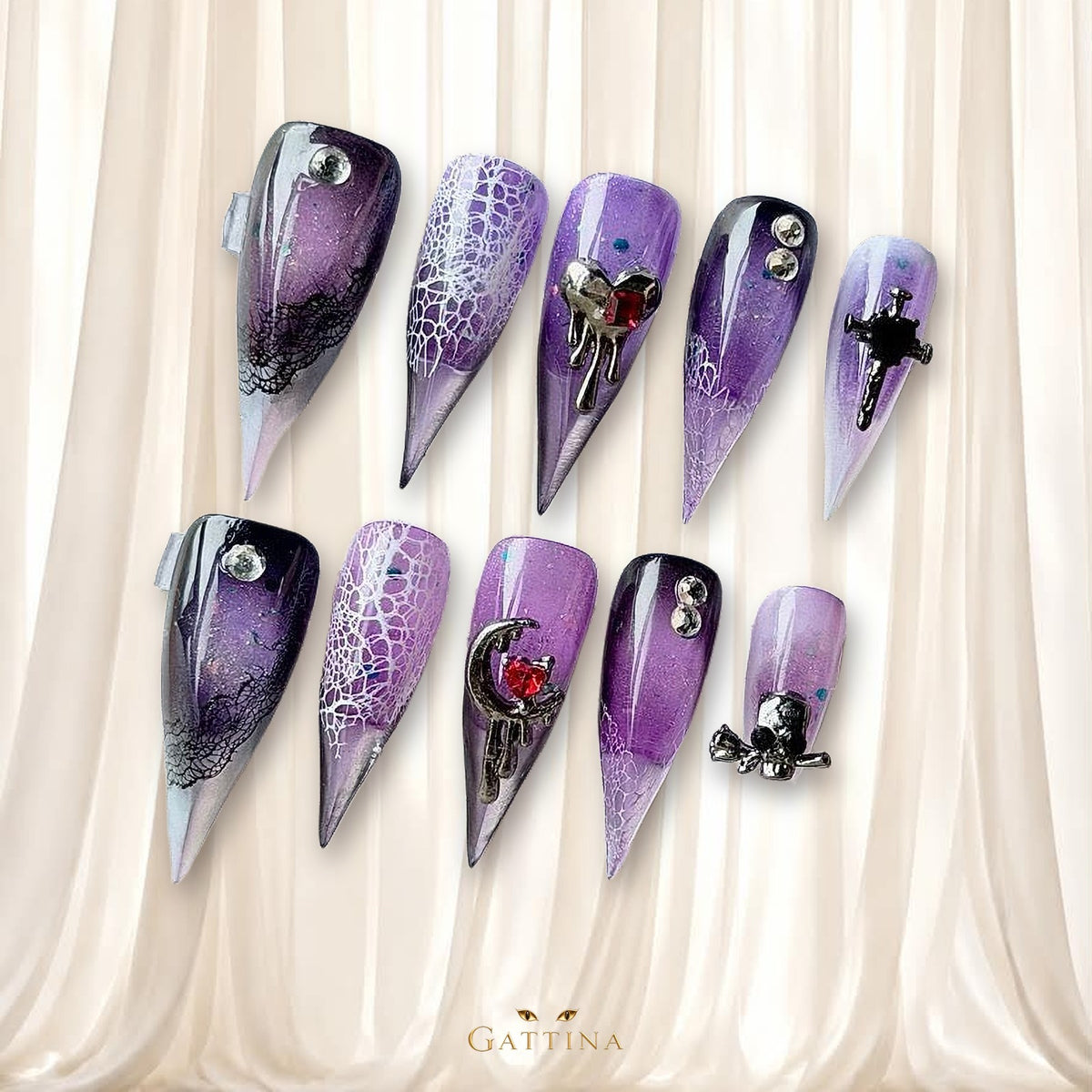 Purple Lace Moon by Gattina, luxury hand-crafted press-on nails