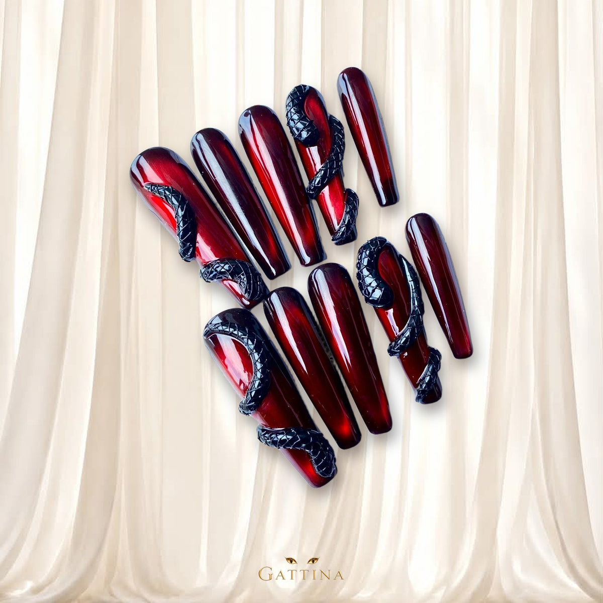 Ruby Serpent by Gattina, luxury hand-crafted press-on nails