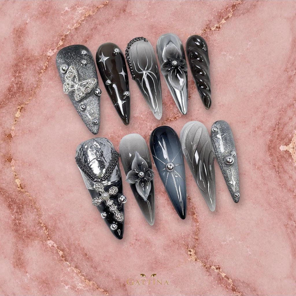 Silver Butterfly by Gattina, luxury hand-crafted press-on nails