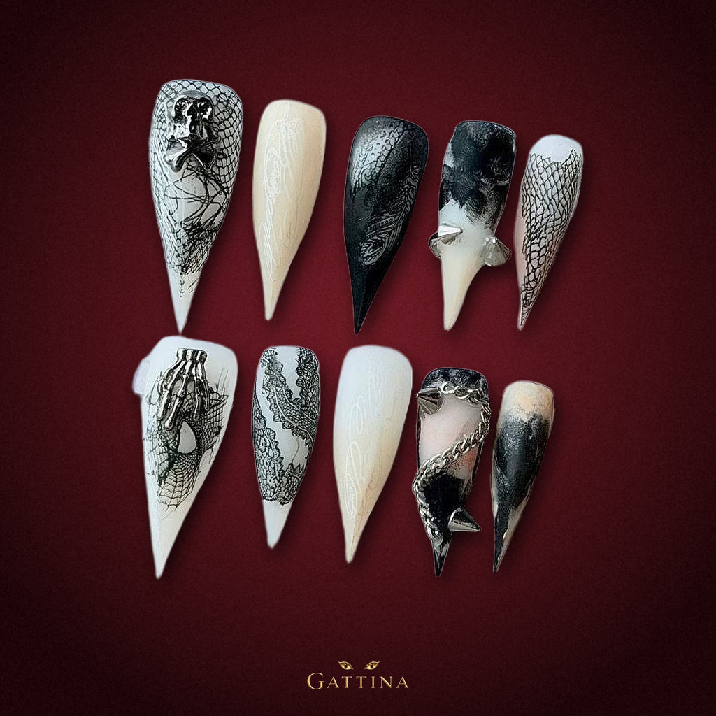 Skeleton Lace by Gattina, luxury hand-crafted press-on nails